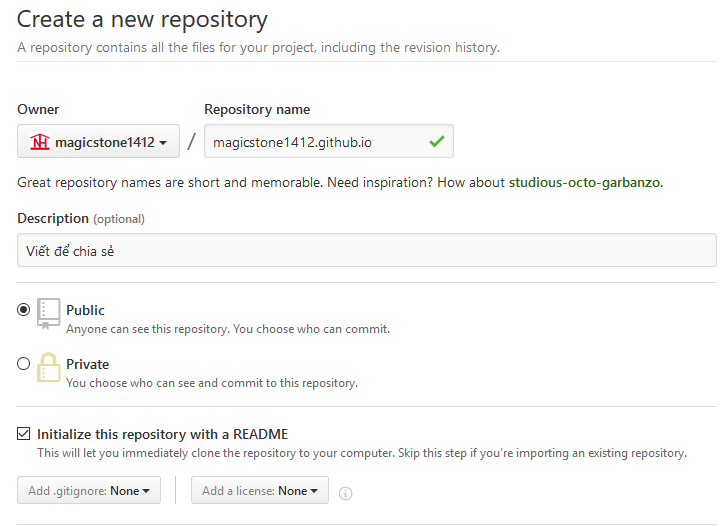tạo repo mới trùng với username