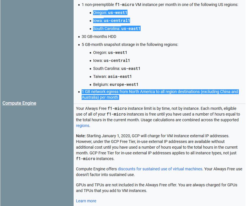 Các vùng cung cấp VPS miễn phí ở GCP