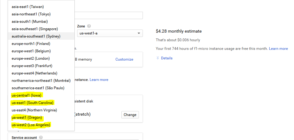 Các vùng cung cấp VPS miễn phí ở GCP